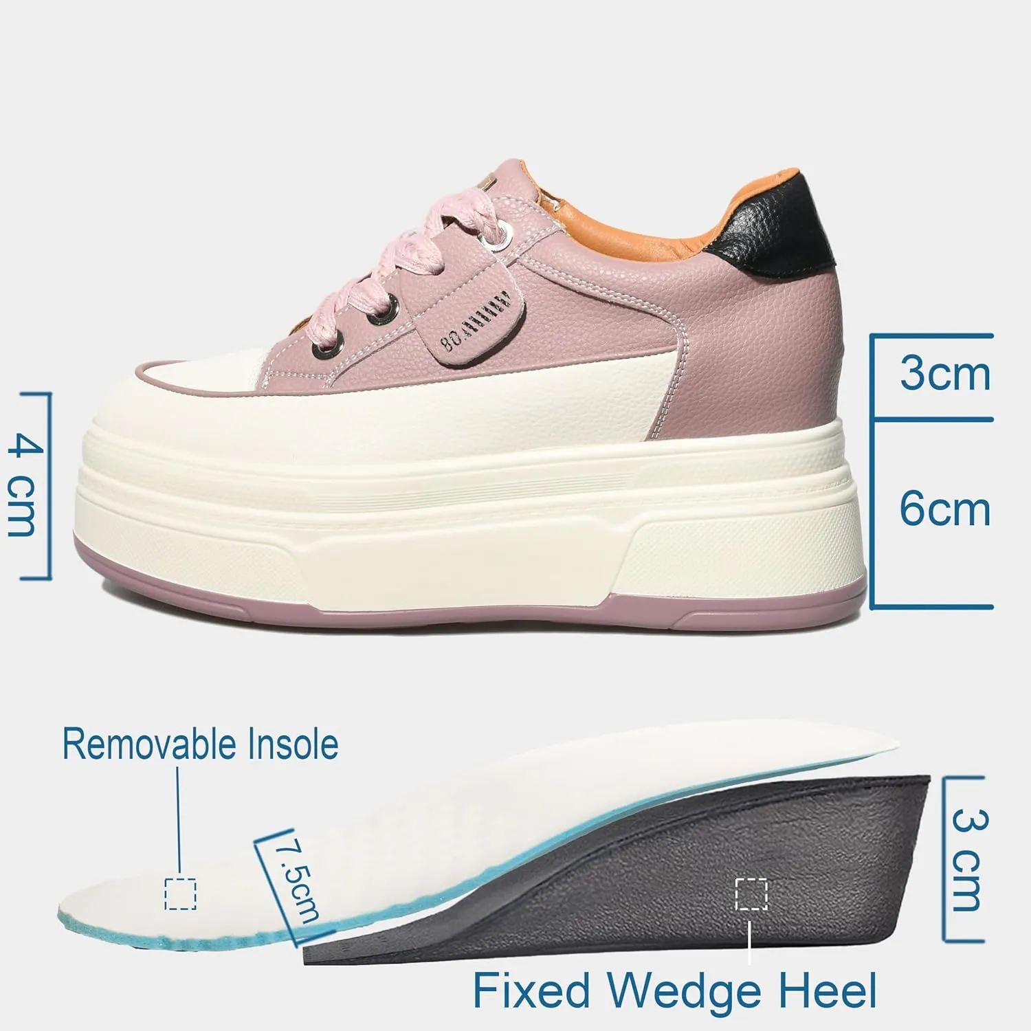 Platform Sneakers for Women - 6cm Heel & 3cm Inner Lift, Comfortable Cushioned Arch Support, Non-Slip Casual Walking Shoes, Microfiber Leather Platform Shoes