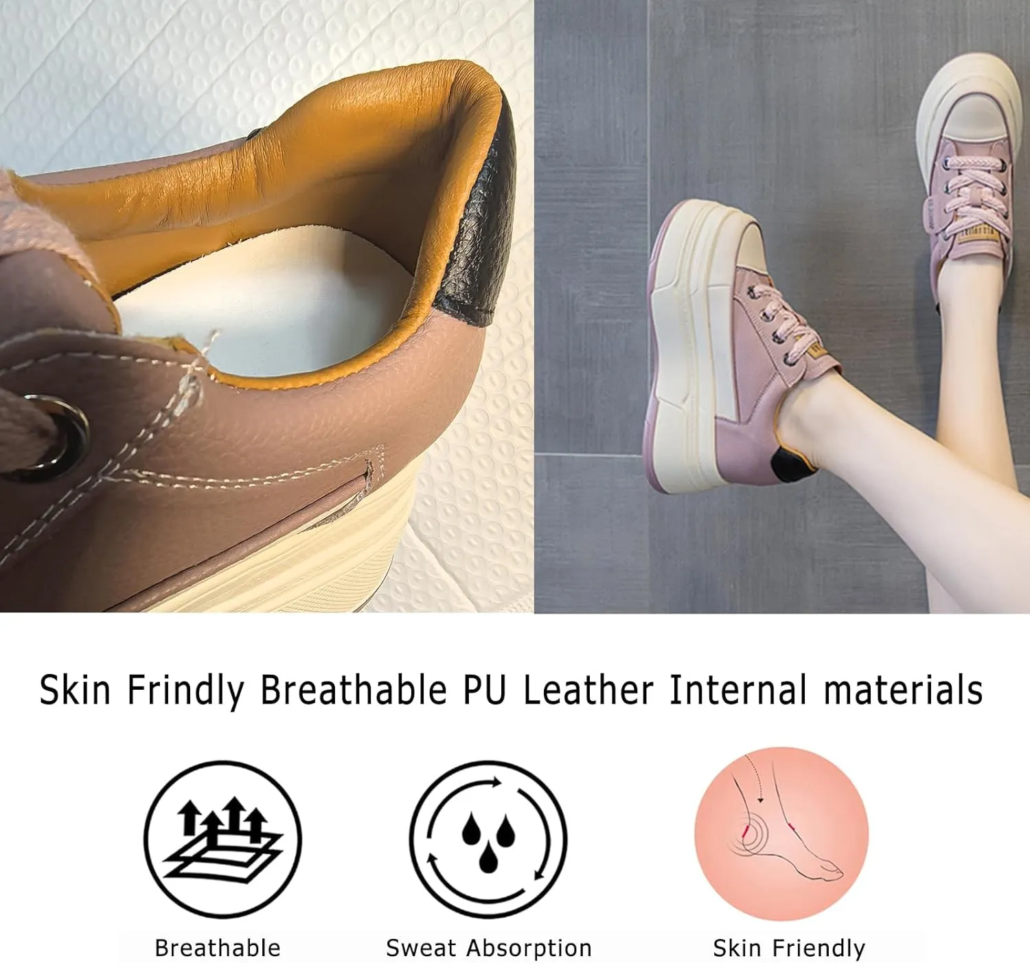 Platform Sneakers for Women - 6cm Heel & 3cm Inner Lift, Comfortable Cushioned Arch Support, Non-Slip Casual Walking Shoes, Microfiber Leather Platform Shoes