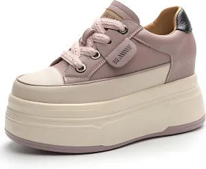 Platform Sneakers for Women - 6cm Heel & 3cm Inner Lift, Comfortable Cushioned Arch Support, Non-Slip Casual Walking Shoes, Microfiber Leather Platform Shoes