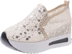 Platform Sneakers Women Sequin Glitter Shoes Sparkly Lightweight Metallic Tennis Shoes Casual Braided Walking Sneaker