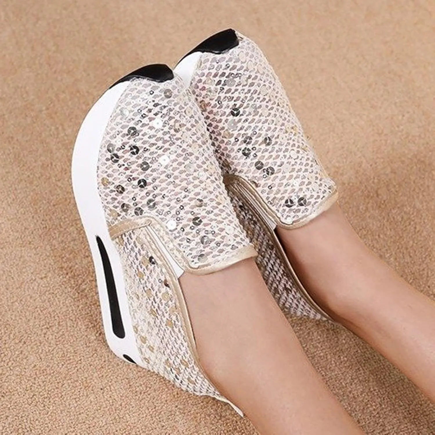 Platform Sneakers Women Sequin Glitter Shoes Sparkly Lightweight Metallic Tennis Shoes Casual Braided Walking Sneaker