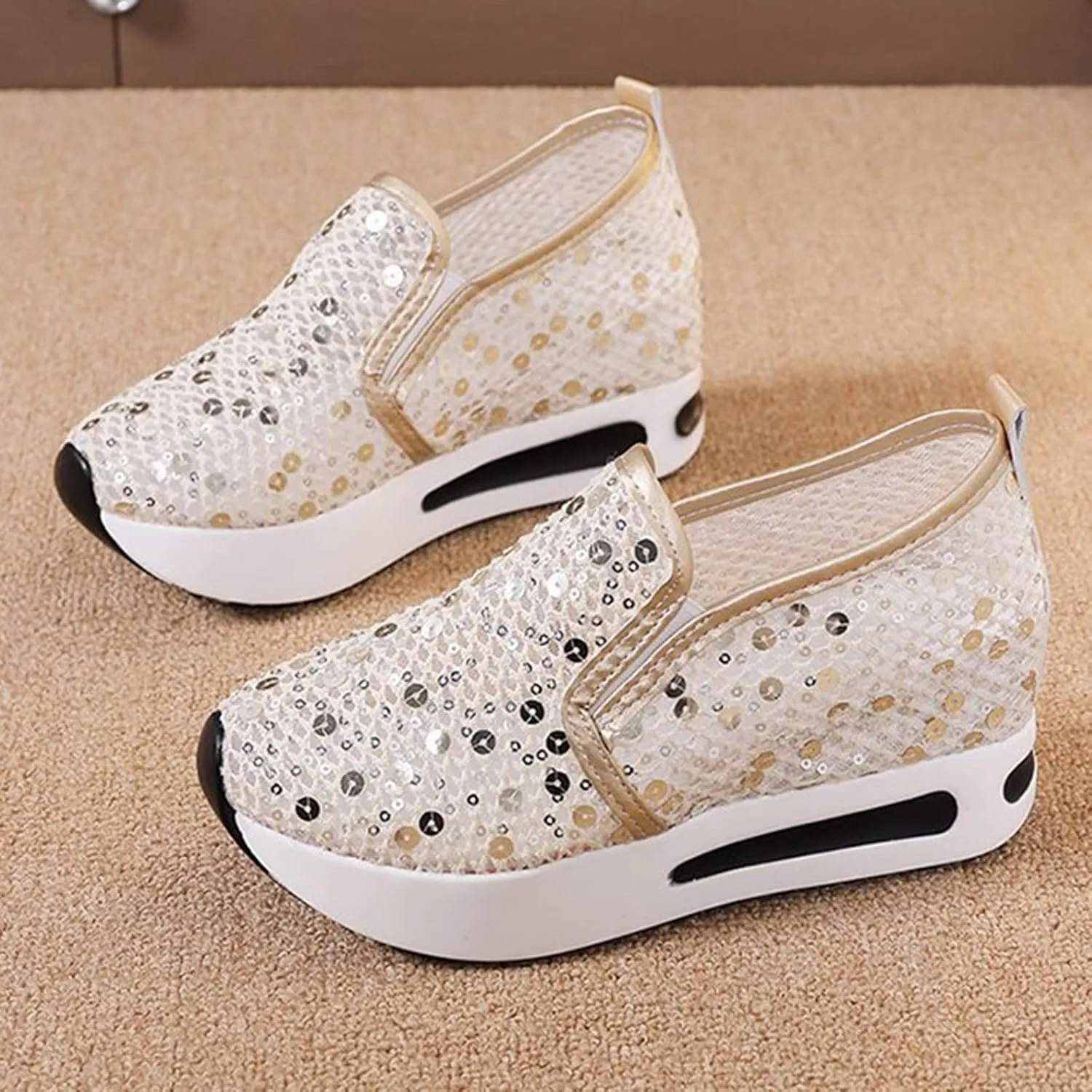 Platform Sneakers Women Sequin Glitter Shoes Sparkly Lightweight Metallic Tennis Shoes Casual Braided Walking Sneaker