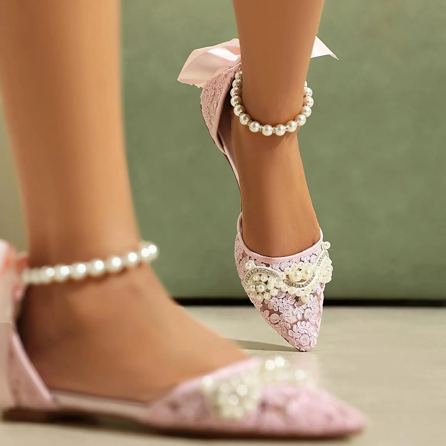 Pointed Toe Pearl Flats for Women Lace Up String Bead Riband Sandals Closed Toe Satin Bow Pumps