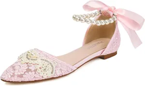 Pointed Toe Pearl Flats for Women Lace Up String Bead Riband Sandals Closed Toe Satin Bow Pumps