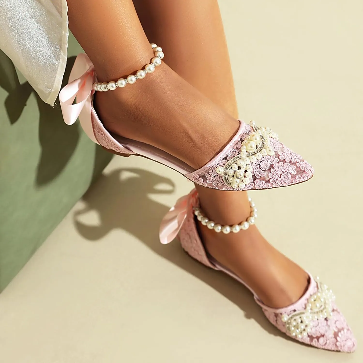 Pointed Toe Pearl Flats for Women Lace Up String Bead Riband Sandals Closed Toe Satin Bow Pumps