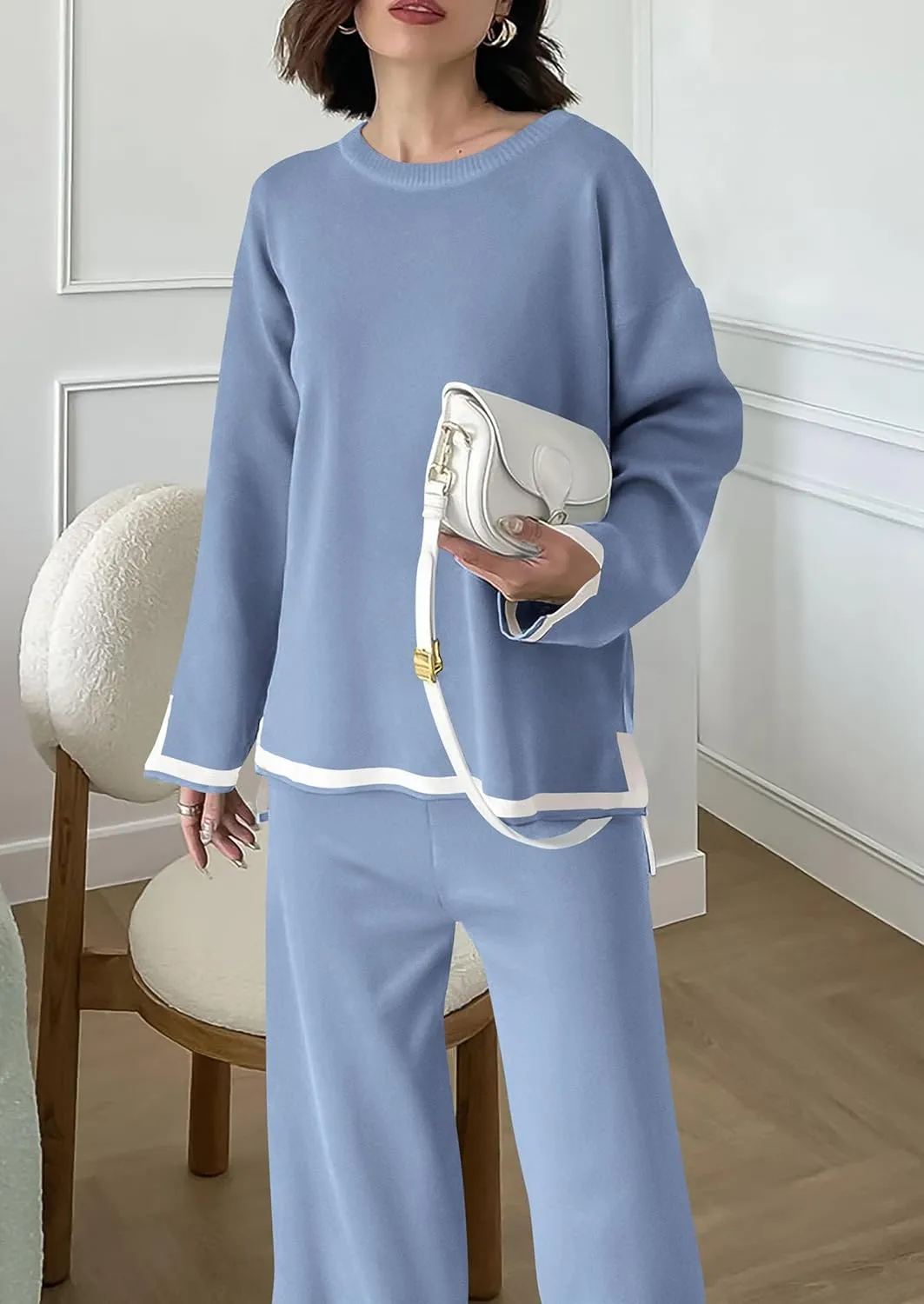 PRETTYGARDEN Women's 2 Piece Knit Sweater Set Casual Long Sleeve Pullover Wide Leg Pants Sweatsuit Tracksuit Outfit