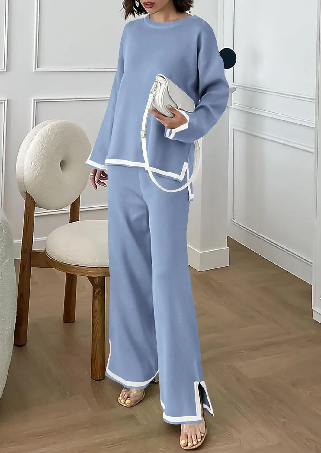 PRETTYGARDEN Women's 2 Piece Knit Sweater Set Casual Long Sleeve Pullover Wide Leg Pants Sweatsuit Tracksuit Outfit