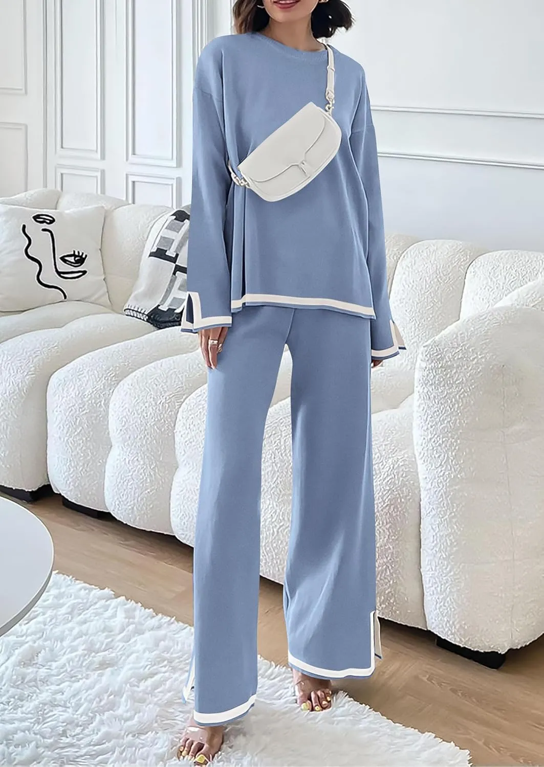 PRETTYGARDEN Women's 2 Piece Knit Sweater Set Casual Long Sleeve Pullover Wide Leg Pants Sweatsuit Tracksuit Outfit