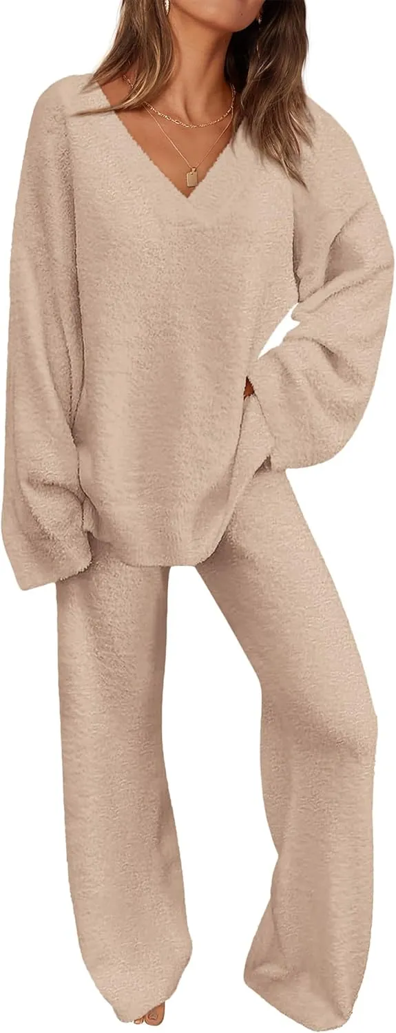 PRETTYGARDEN Women's 2 Piece Pullover Sweater Set Oversized V Neck Top Wide Leg Pants Fall Winter Fuzzy Lounge Outfit