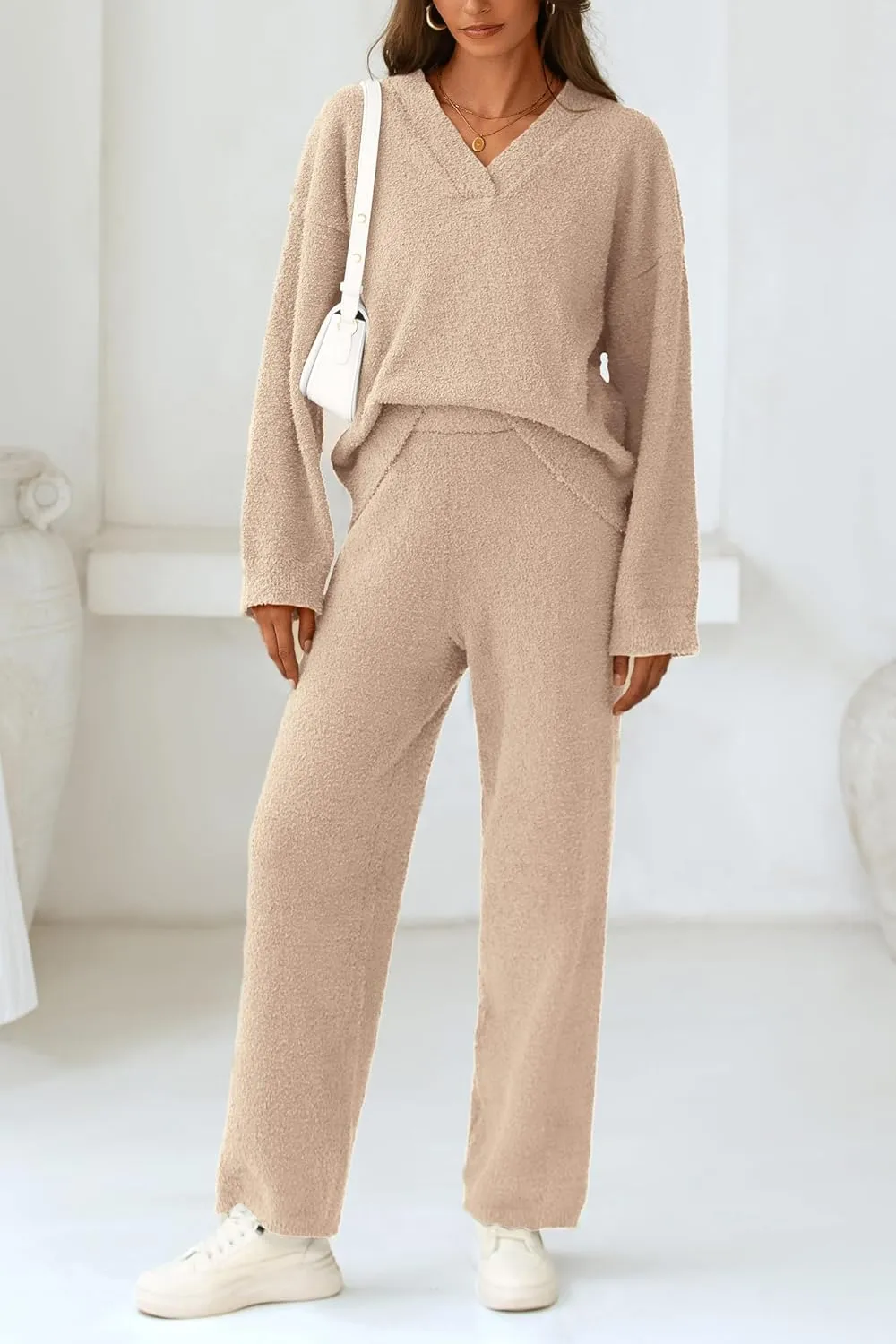 PRETTYGARDEN Women's 2 Piece Pullover Sweater Set Oversized V Neck Top Wide Leg Pants Fall Winter Fuzzy Lounge Outfit