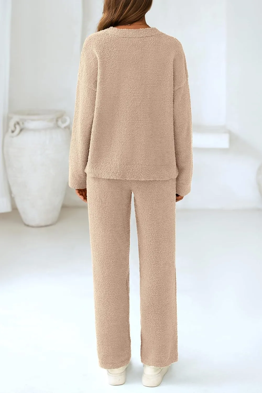 PRETTYGARDEN Women's 2 Piece Pullover Sweater Set Oversized V Neck Top Wide Leg Pants Fall Winter Fuzzy Lounge Outfit