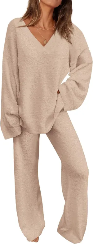 PRETTYGARDEN Women's 2 Piece Pullover Sweater Set Oversized V Neck Top Wide Leg Pants Fall Winter Fuzzy Lounge Outfit
