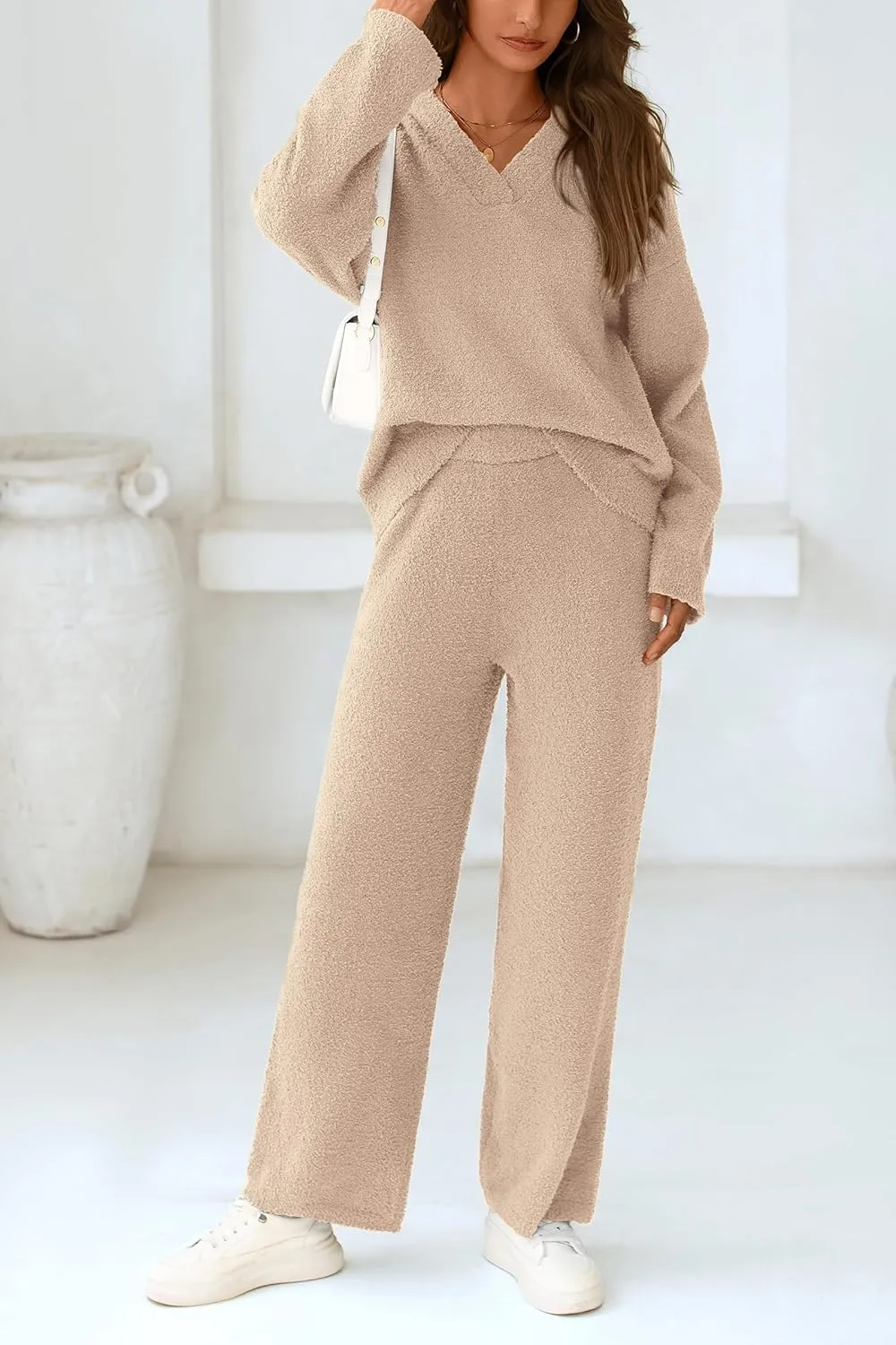 PRETTYGARDEN Women's 2 Piece Pullover Sweater Set Oversized V Neck Top Wide Leg Pants Fall Winter Fuzzy Lounge Outfit