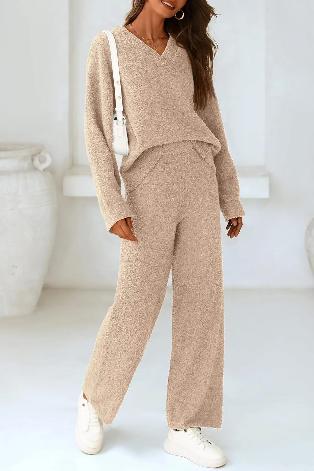 PRETTYGARDEN Women's 2 Piece Pullover Sweater Set Oversized V Neck Top Wide Leg Pants Fall Winter Fuzzy Lounge Outfit