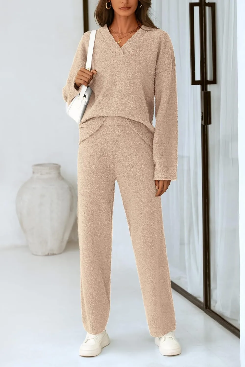 PRETTYGARDEN Women's 2 Piece Pullover Sweater Set Oversized V Neck Top Wide Leg Pants Fall Winter Fuzzy Lounge Outfit