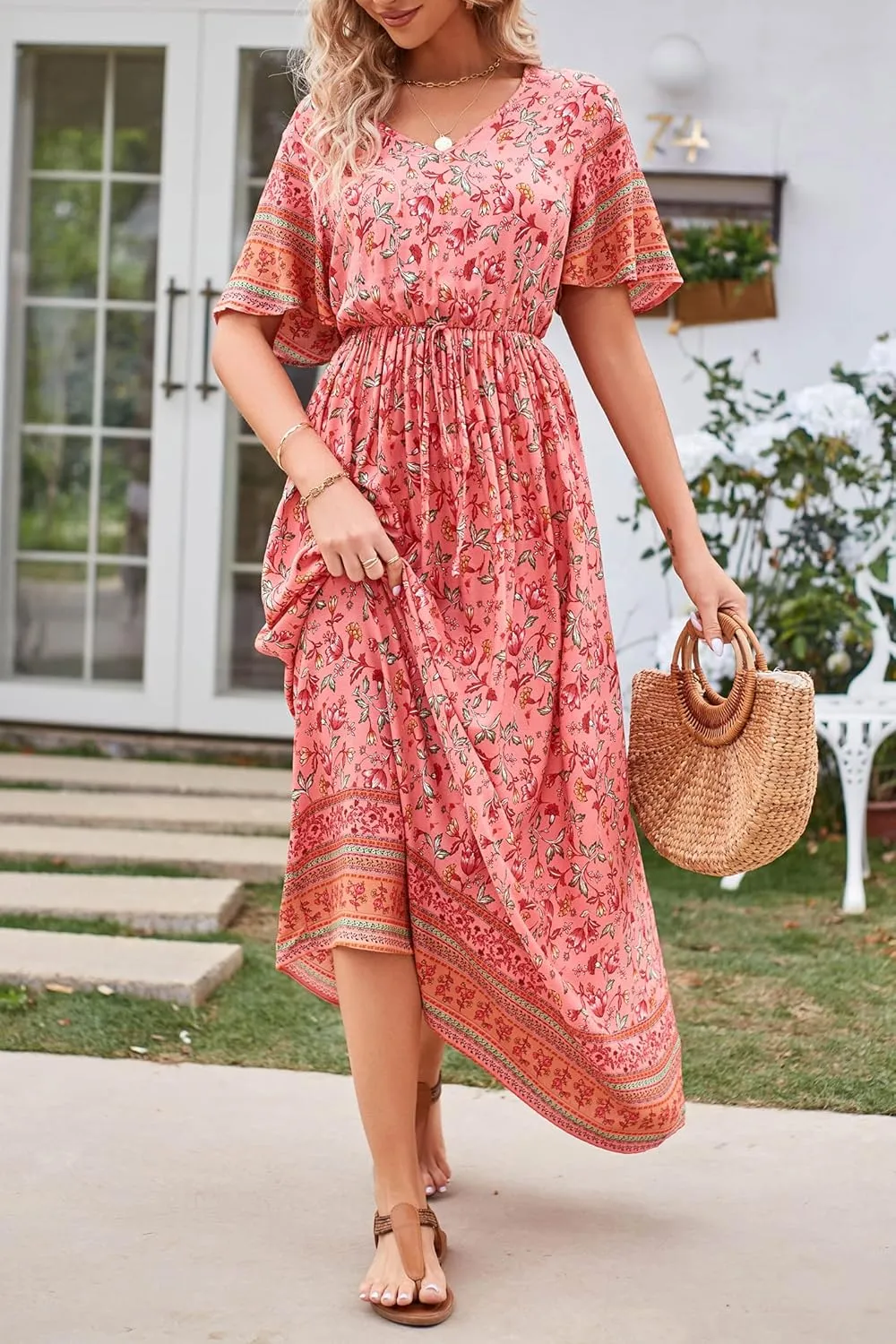 PRETTYGARDEN Women's Summer Boho Floral Dress Casual Beach Vacation Sundress V Neck Short Sleeve Long Maxi Dresses
