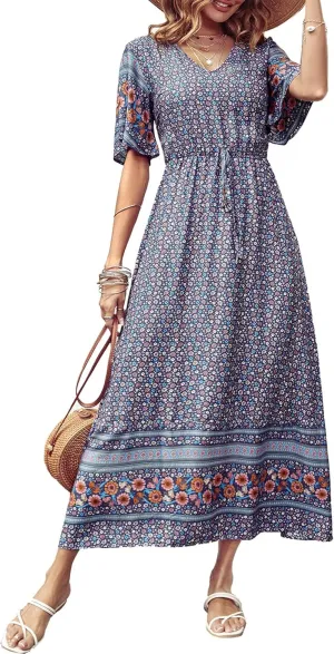 PRETTYGARDEN Women's Summer Boho Floral Dress Casual Beach Vacation Sundress V Neck Short Sleeve Long Maxi Dresses