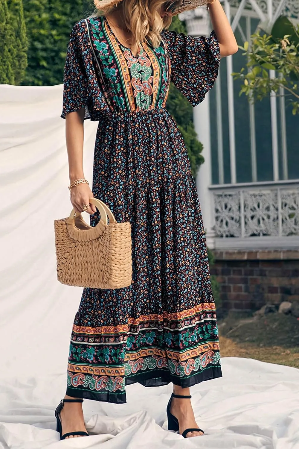 PRETTYGARDEN Women's Summer Boho Floral Dress Casual Beach Vacation Sundress V Neck Short Sleeve Long Maxi Dresses