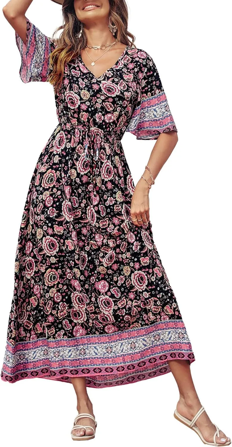 PRETTYGARDEN Women's Summer Boho Floral Dress Casual Beach Vacation Sundress V Neck Short Sleeve Long Maxi Dresses