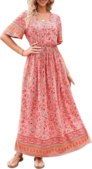 PRETTYGARDEN Women's Summer Boho Floral Dress Casual Beach Vacation Sundress V Neck Short Sleeve Long Maxi Dresses