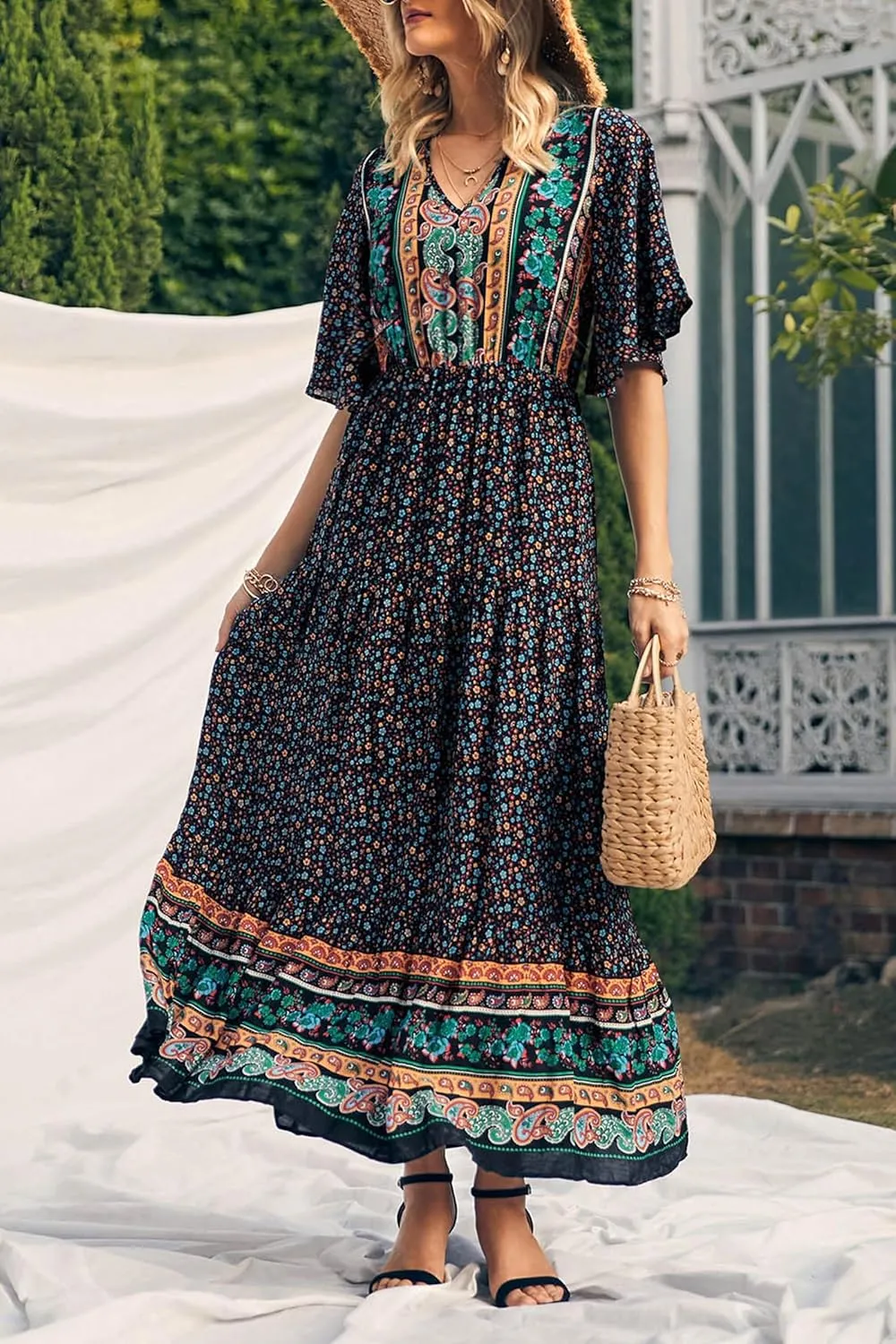 PRETTYGARDEN Women's Summer Boho Floral Dress Casual Beach Vacation Sundress V Neck Short Sleeve Long Maxi Dresses