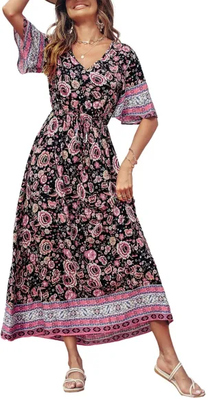 PRETTYGARDEN Women's Summer Boho Floral Dress Casual Beach Vacation Sundress V Neck Short Sleeve Long Maxi Dresses