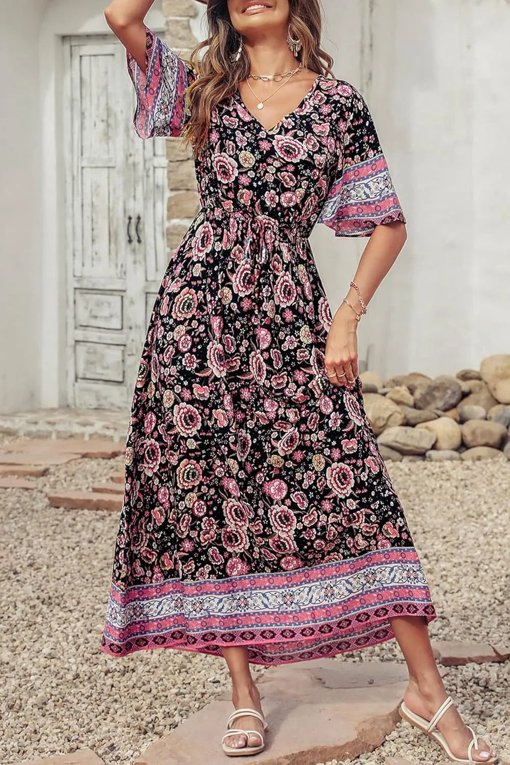 PRETTYGARDEN Women's Summer Boho Floral Dress Casual Beach Vacation Sundress V Neck Short Sleeve Long Maxi Dresses
