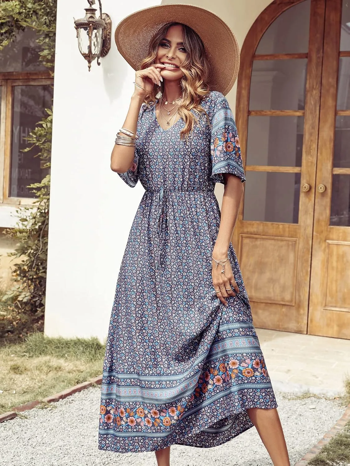 PRETTYGARDEN Women's Summer Boho Floral Dress Casual Beach Vacation Sundress V Neck Short Sleeve Long Maxi Dresses