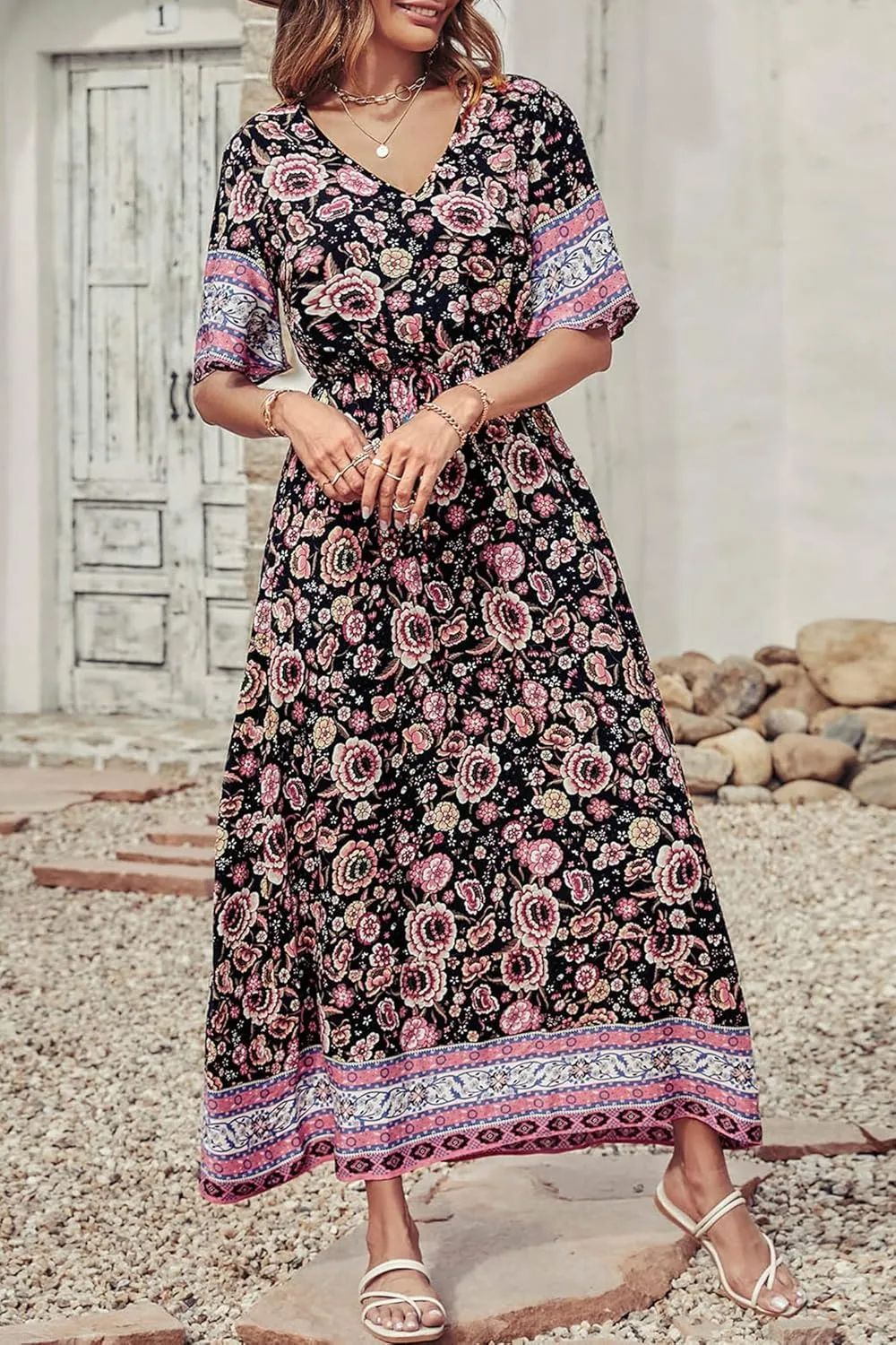 PRETTYGARDEN Women's Summer Boho Floral Dress Casual Beach Vacation Sundress V Neck Short Sleeve Long Maxi Dresses