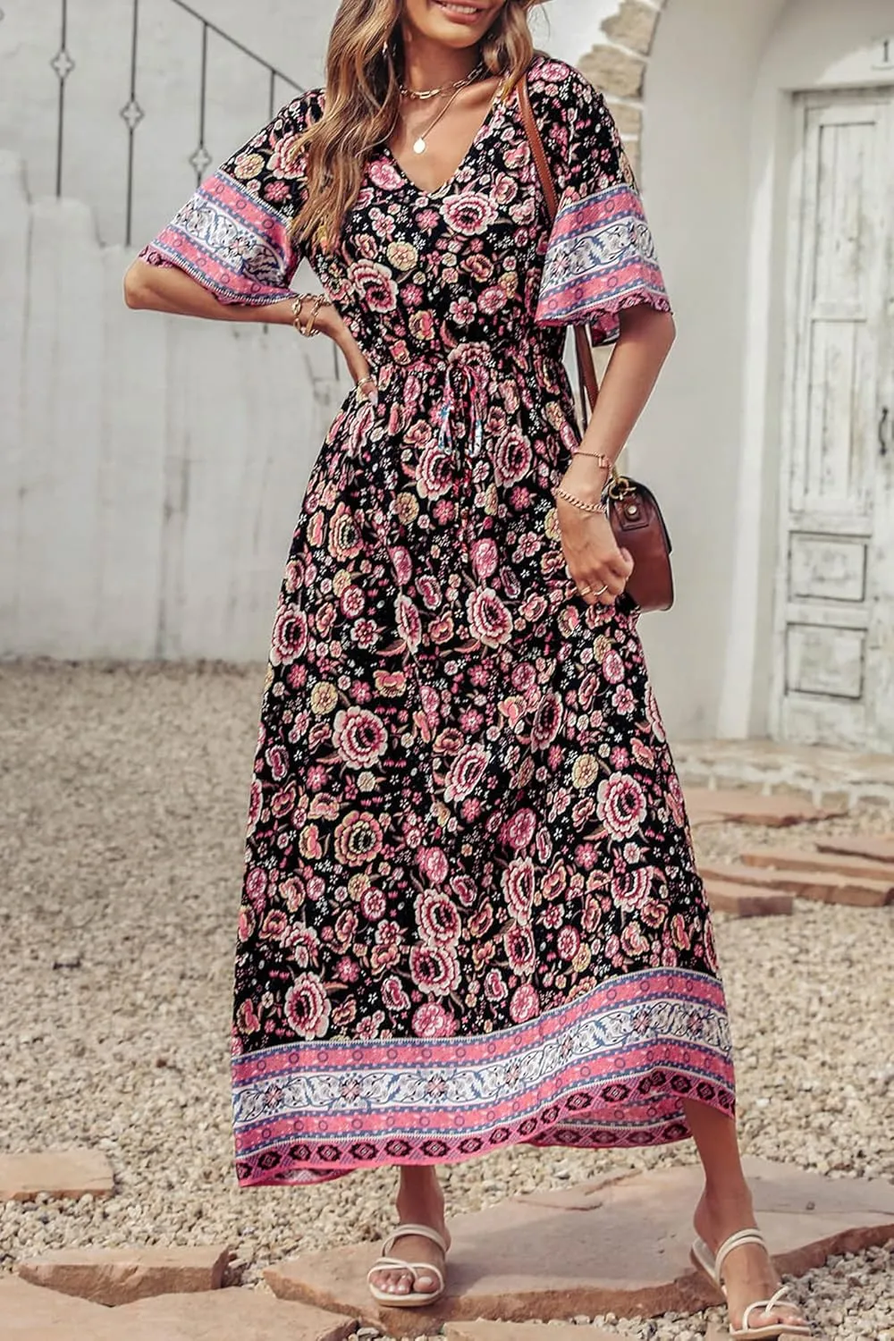 PRETTYGARDEN Women's Summer Boho Floral Dress Casual Beach Vacation Sundress V Neck Short Sleeve Long Maxi Dresses