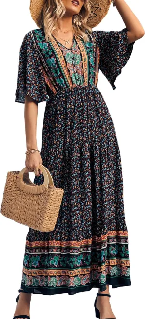 PRETTYGARDEN Women's Summer Boho Floral Dress Casual Beach Vacation Sundress V Neck Short Sleeve Long Maxi Dresses