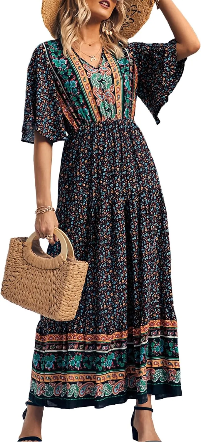 PRETTYGARDEN Women's Summer Boho Floral Dress Casual Beach Vacation Sundress V Neck Short Sleeve Long Maxi Dresses