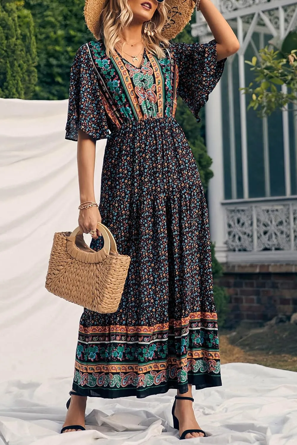 PRETTYGARDEN Women's Summer Boho Floral Dress Casual Beach Vacation Sundress V Neck Short Sleeve Long Maxi Dresses