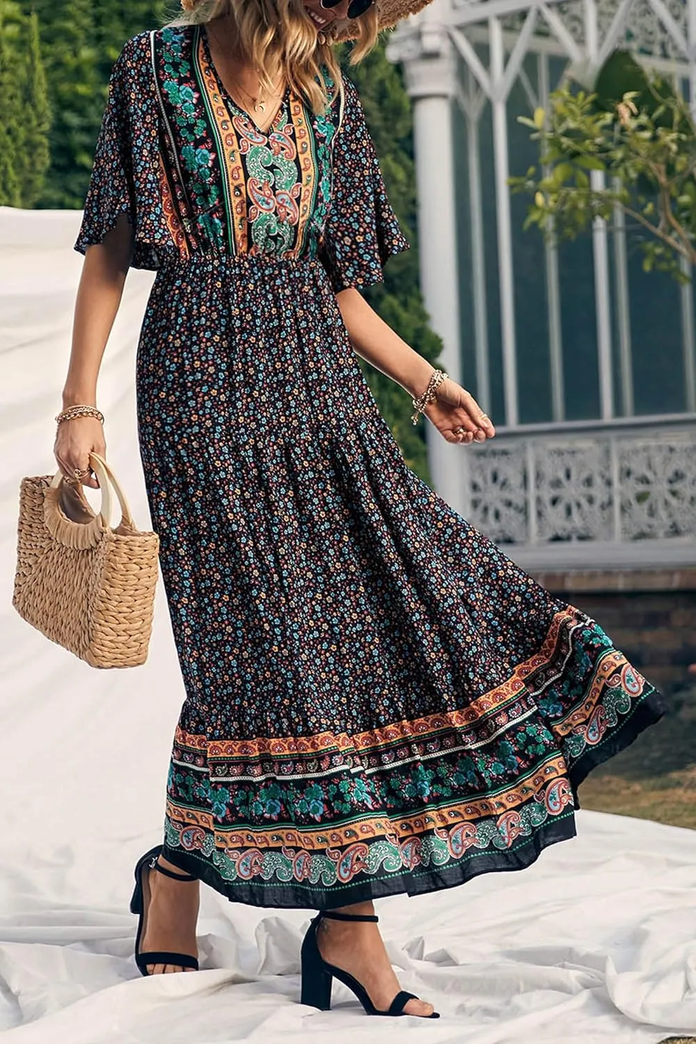 PRETTYGARDEN Women's Summer Boho Floral Dress Casual Beach Vacation Sundress V Neck Short Sleeve Long Maxi Dresses