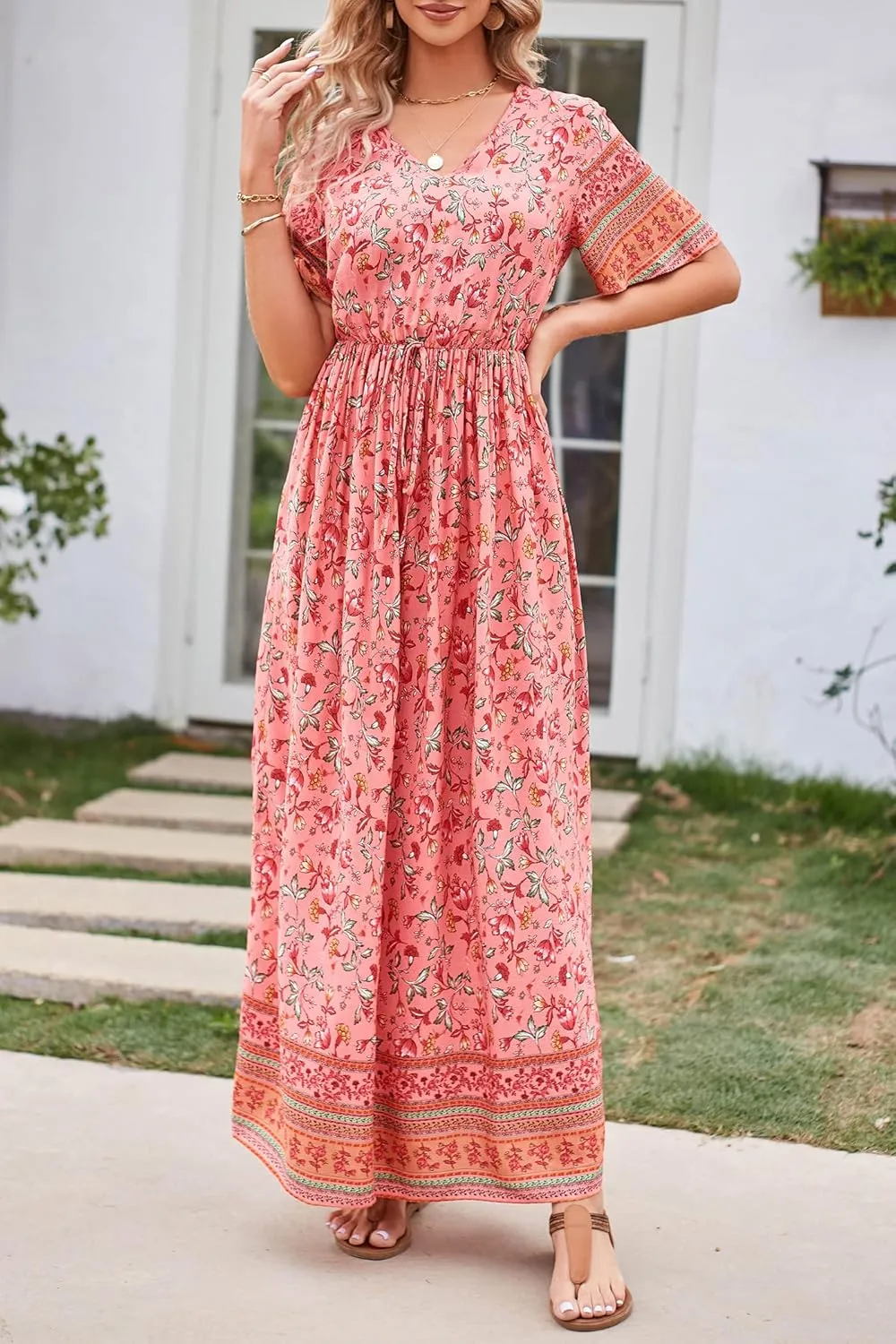 PRETTYGARDEN Women's Summer Boho Floral Dress Casual Beach Vacation Sundress V Neck Short Sleeve Long Maxi Dresses