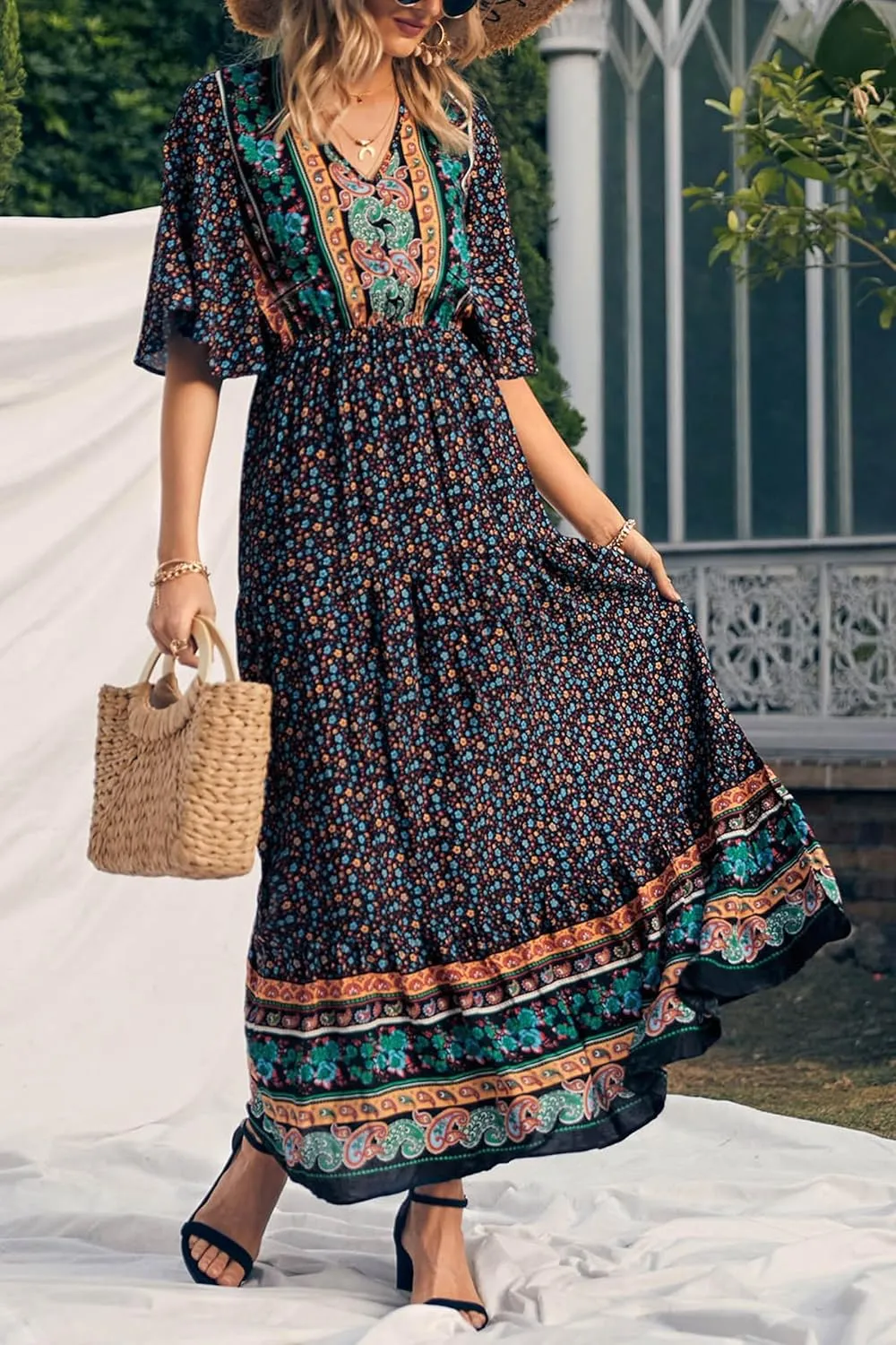 PRETTYGARDEN Women's Summer Boho Floral Dress Casual Beach Vacation Sundress V Neck Short Sleeve Long Maxi Dresses