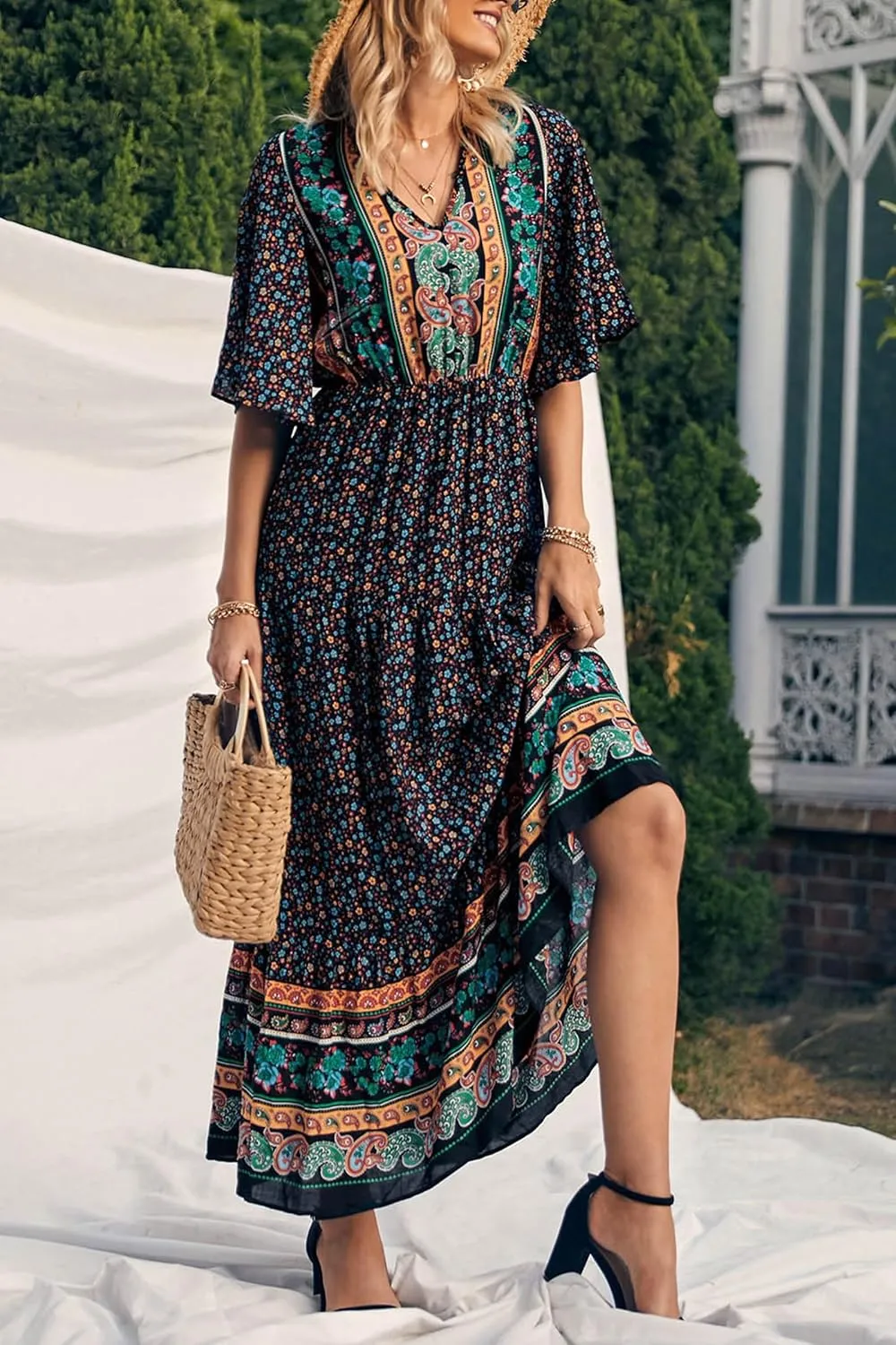 PRETTYGARDEN Women's Summer Boho Floral Dress Casual Beach Vacation Sundress V Neck Short Sleeve Long Maxi Dresses