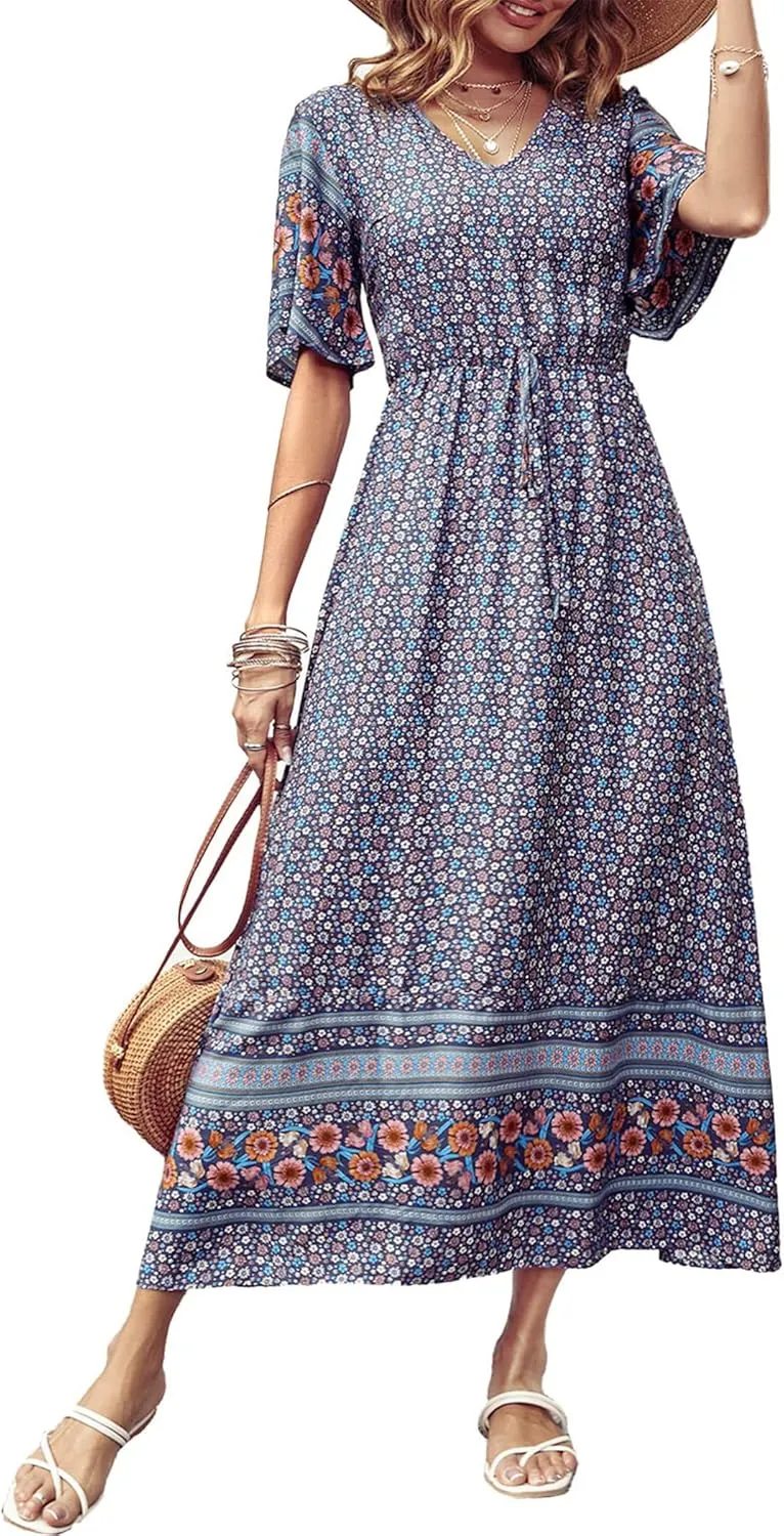 PRETTYGARDEN Women's Summer Boho Floral Dress Casual Beach Vacation Sundress V Neck Short Sleeve Long Maxi Dresses