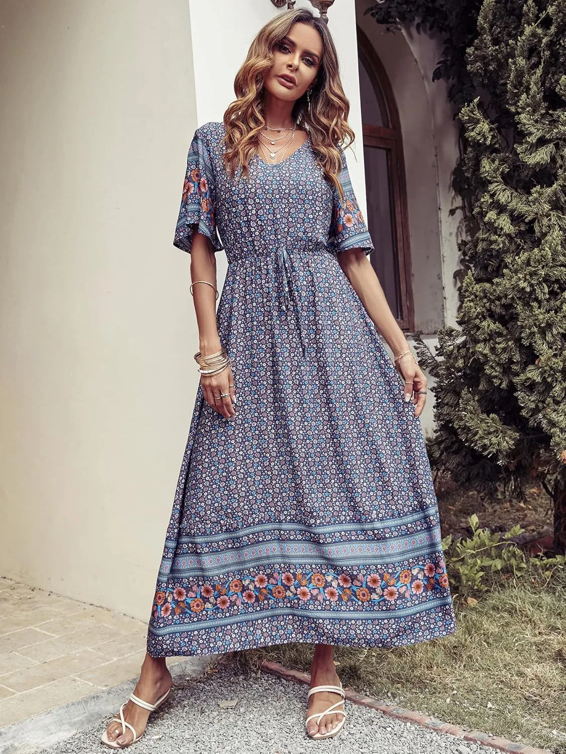 PRETTYGARDEN Women's Summer Boho Floral Dress Casual Beach Vacation Sundress V Neck Short Sleeve Long Maxi Dresses