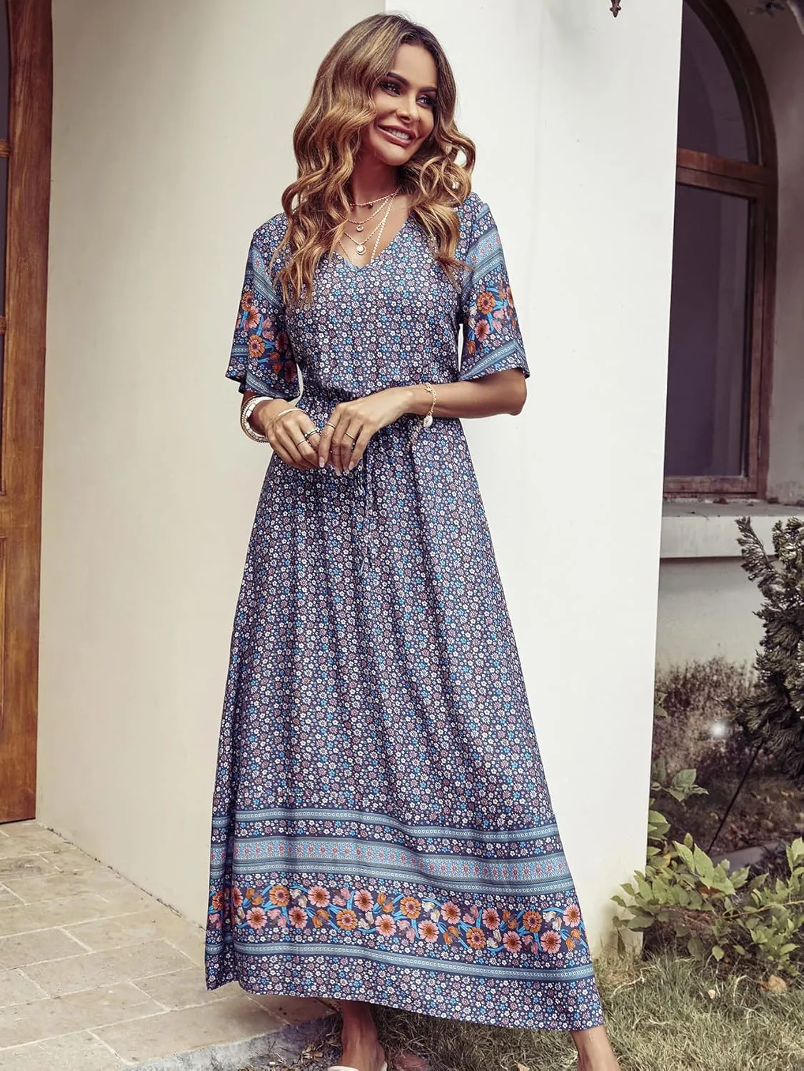 PRETTYGARDEN Women's Summer Boho Floral Dress Casual Beach Vacation Sundress V Neck Short Sleeve Long Maxi Dresses