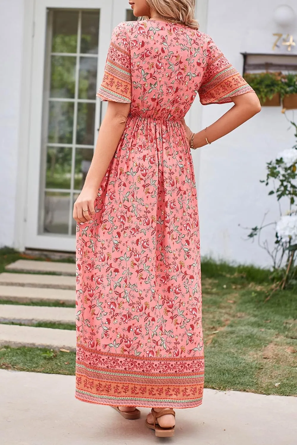PRETTYGARDEN Women's Summer Boho Floral Dress Casual Beach Vacation Sundress V Neck Short Sleeve Long Maxi Dresses