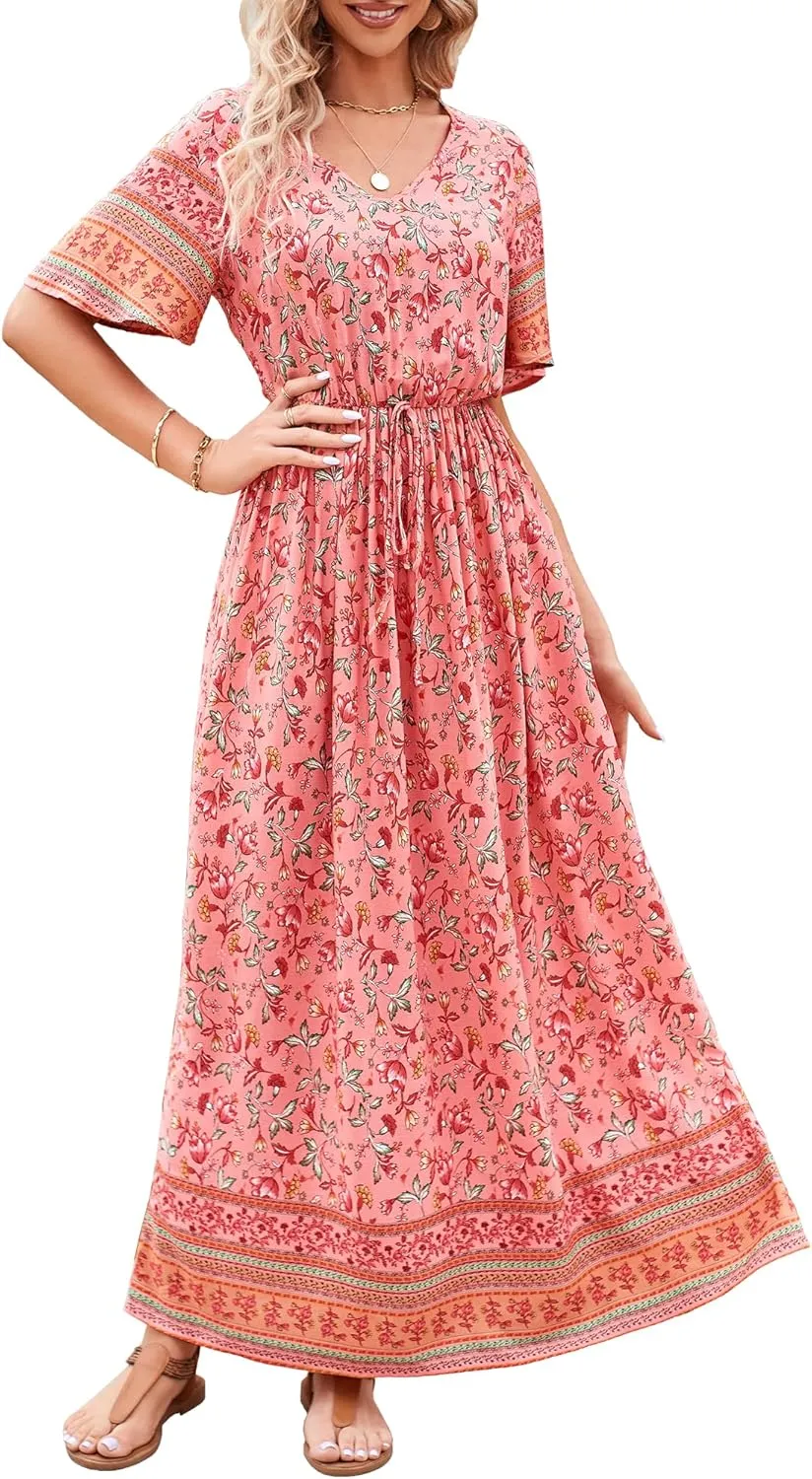 PRETTYGARDEN Women's Summer Boho Floral Dress Casual Beach Vacation Sundress V Neck Short Sleeve Long Maxi Dresses
