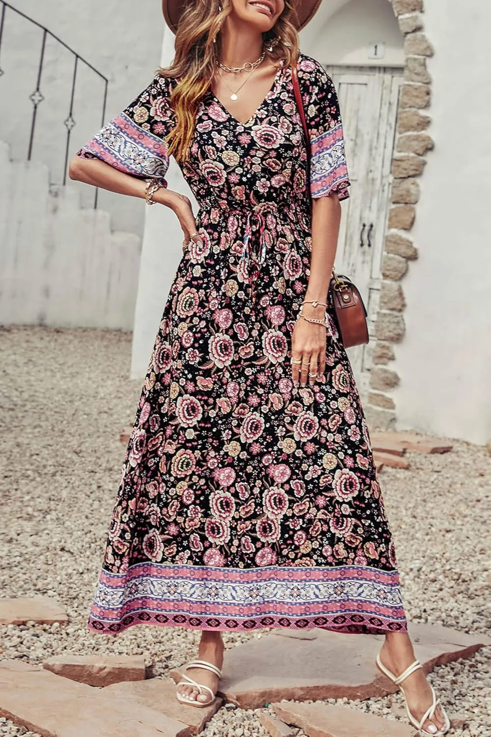 PRETTYGARDEN Women's Summer Boho Floral Dress Casual Beach Vacation Sundress V Neck Short Sleeve Long Maxi Dresses