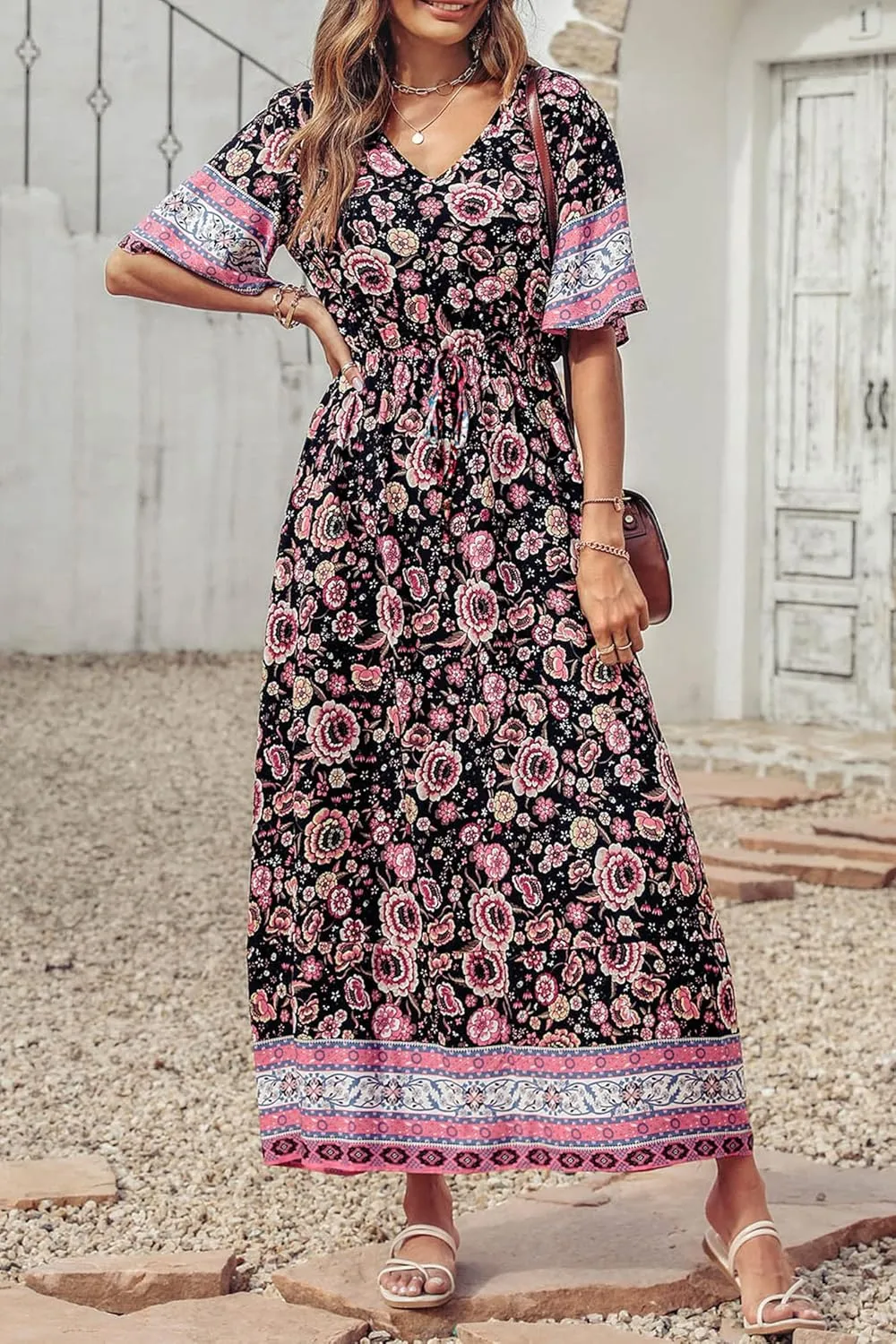 PRETTYGARDEN Women's Summer Boho Floral Dress Casual Beach Vacation Sundress V Neck Short Sleeve Long Maxi Dresses