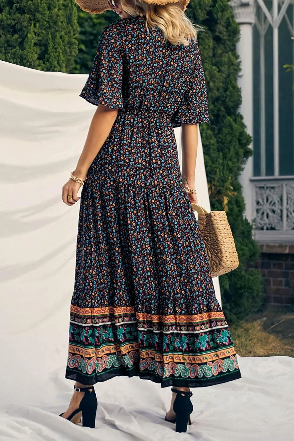 PRETTYGARDEN Women's Summer Boho Floral Dress Casual Beach Vacation Sundress V Neck Short Sleeve Long Maxi Dresses