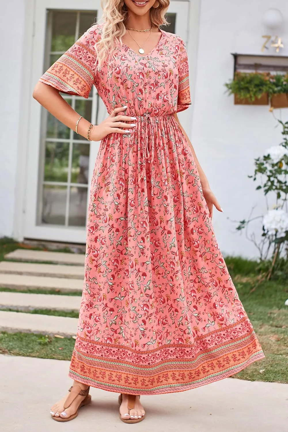 PRETTYGARDEN Women's Summer Boho Floral Dress Casual Beach Vacation Sundress V Neck Short Sleeve Long Maxi Dresses