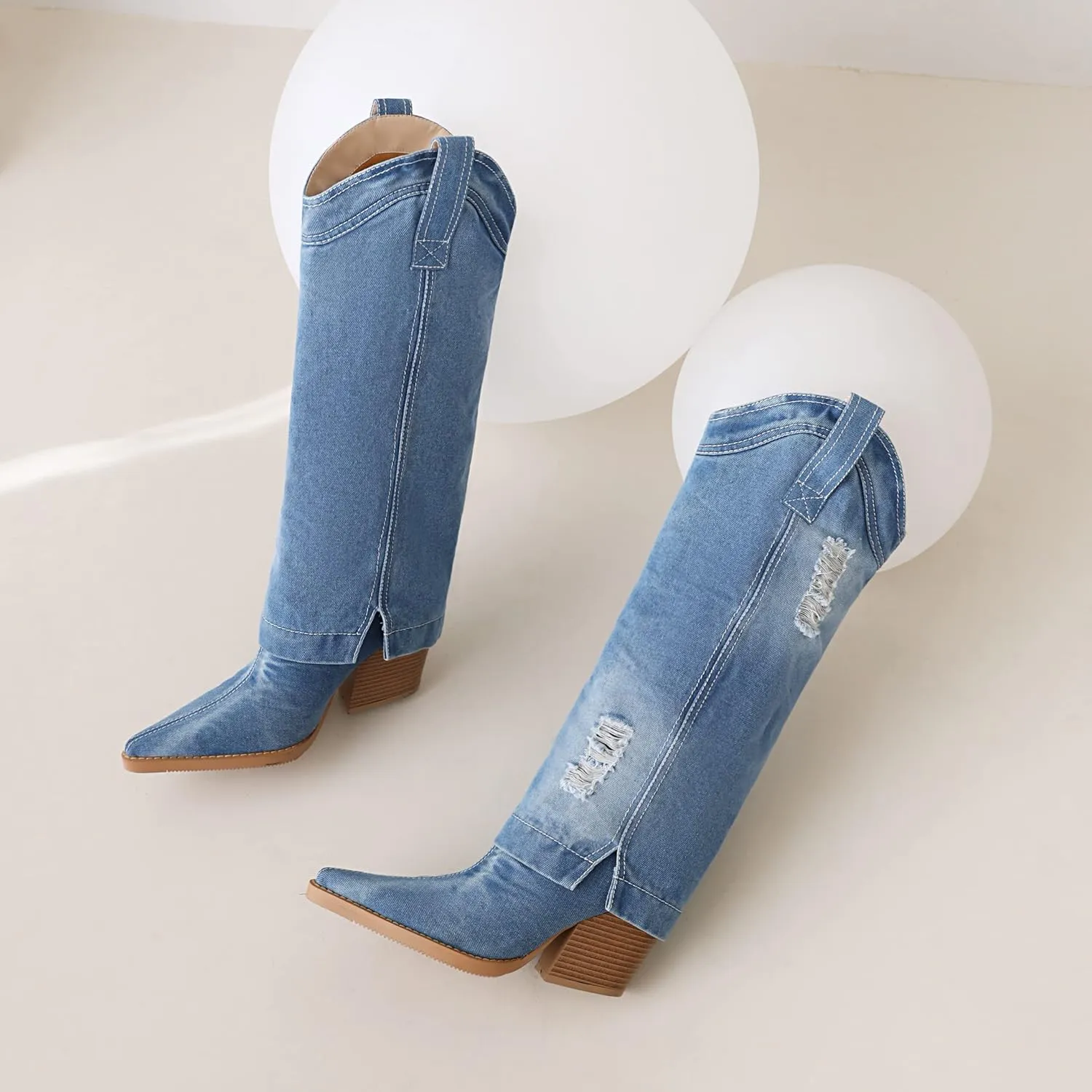Reitoye Cowboy Boots for Women Embroidery Western Cowgirl Knee High Chunky Heel Boots with Pull-Up Tabs