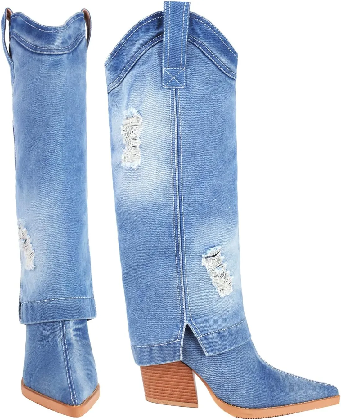 Reitoye Cowboy Boots for Women Embroidery Western Cowgirl Knee High Chunky Heel Boots with Pull-Up Tabs