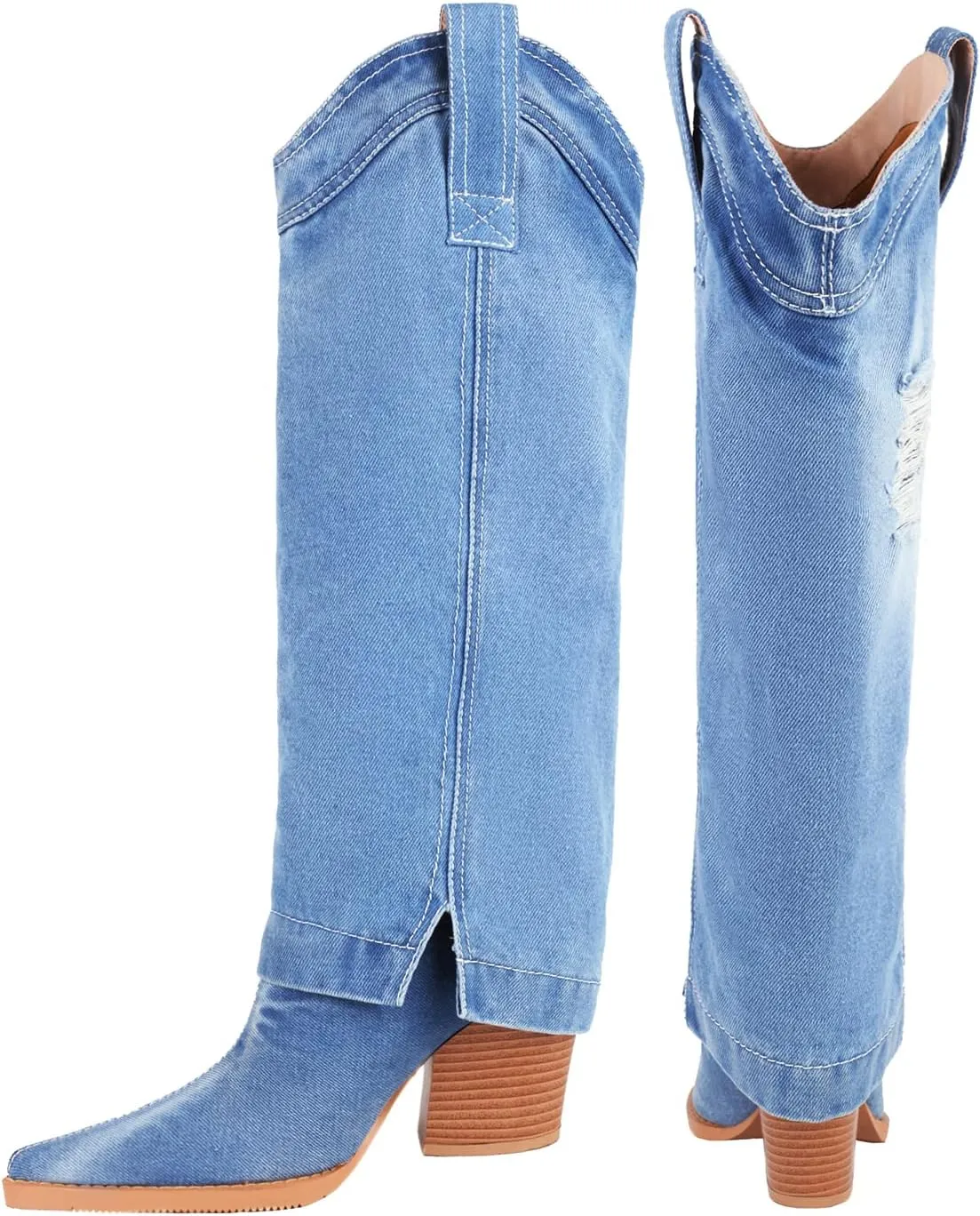 Reitoye Cowboy Boots for Women Embroidery Western Cowgirl Knee High Chunky Heel Boots with Pull-Up Tabs