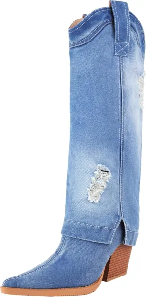 Reitoye Cowboy Boots for Women Embroidery Western Cowgirl Knee High Chunky Heel Boots with Pull-Up Tabs